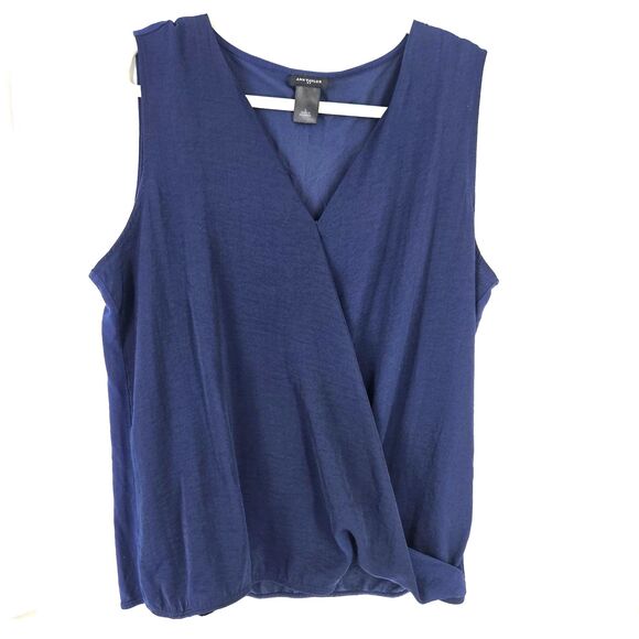 Ann Talyor Blue Chiffon Wrap Crossover Large Tank Satin Crinkle Loose Fit V Neck - Picture 2 of 9